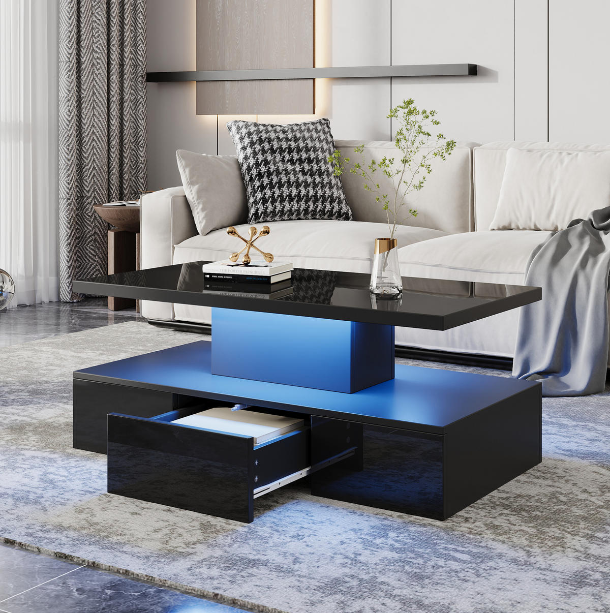 COUCHTISCH aus Spanplatte 100x50x39 cm Schwarz mit LED-Beleuchtung, Hochglanzfront, offenem Regal und 1 Schublade - Schwarz, Holzwerkstoff (100/50/39cm) - Modfu