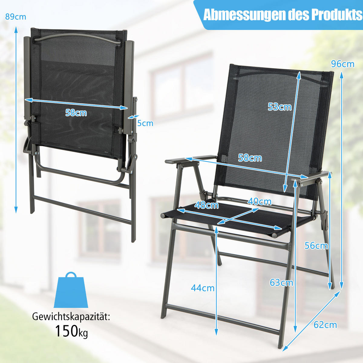 TERRASSENSTUHL Schwarz (2er-Set) - Schwarz, Metall (58/69/62cm) - COSTWAY