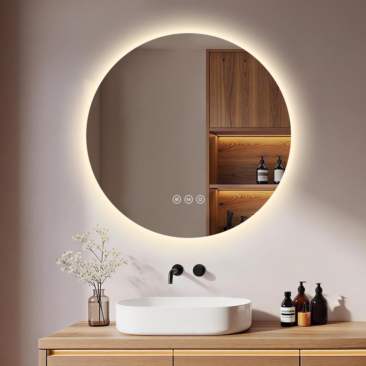 BADSPIEGEL MIT BELEUCHTUNG 60 cm Rund mit dimmbarer LED-Beleuchtung und Antibeschlag - Transparent, Glas (60/60/3.5cm) - S'AFIELINA