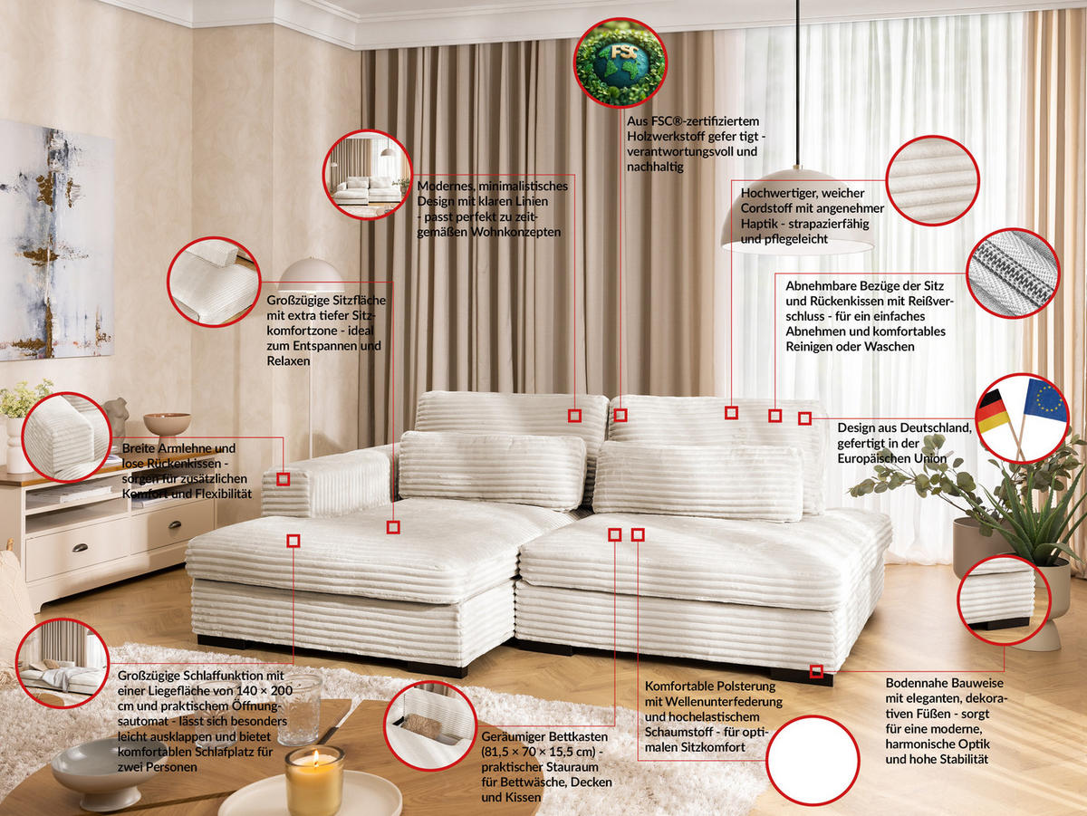 ECKSOFA Wolke mit tiefer Sitzfläche, Schlaffunktion und praktischem Bettkasten aus weichem Creme Cordstoff - Creme/Schwarz, Holz/Kunststoff (162/225cm) - S-Style