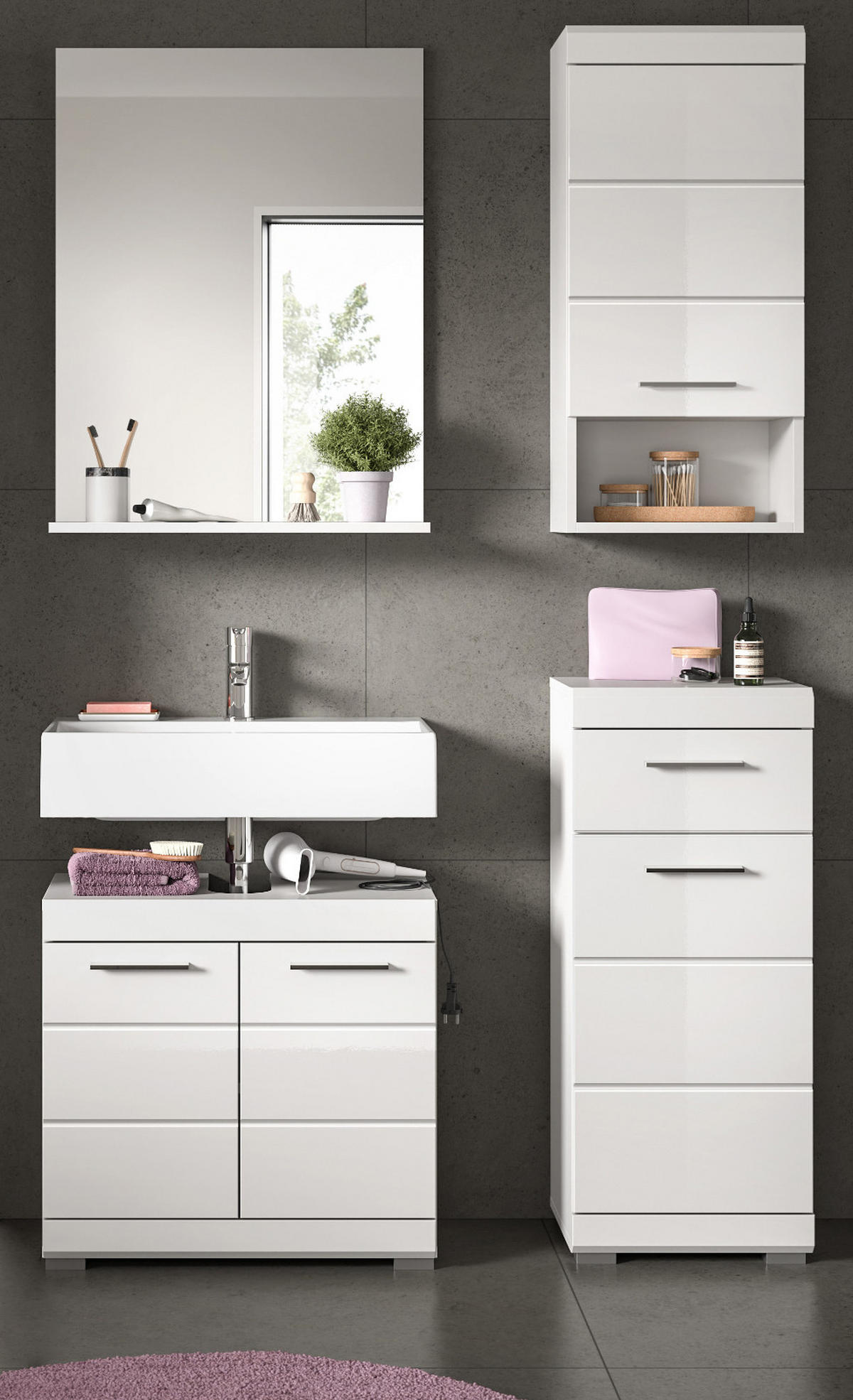 BADMÖBEL-SET weiß Hochglanz 4-teilig 112 cm, Komplettset mit viel Stauraum - Weiß Hochglanz, Glas/Holzwerkstoff (112/191/34cm) - Inn.Furn