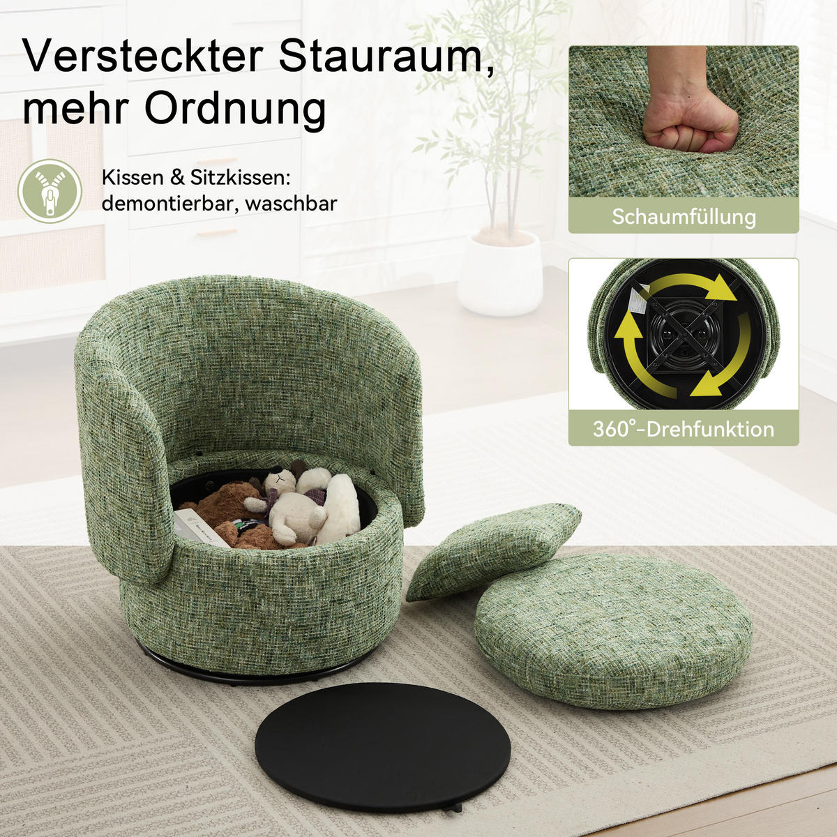 DREHSESSEL Chenille mit verstecktem Stauraum 72/66.5/76 cm Grün - Grün, Textil (66.5/76/72cm) - Redom