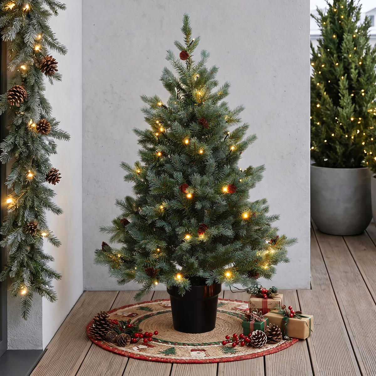 KÜNSTLICHER Weihnachtsbaum mit Beleuchtung 90 cm, Schwarzer Kunststofftopf - Grün, Kunststoff (63/90/63cm) - Hometopia