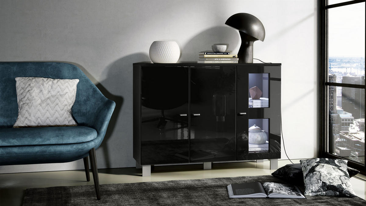 SIDEBOARD Denjo Tür in Schwarz Hochglanz - Schwarz Hochglanz, Holzwerkstoff (107/81/35cm) - Vladon