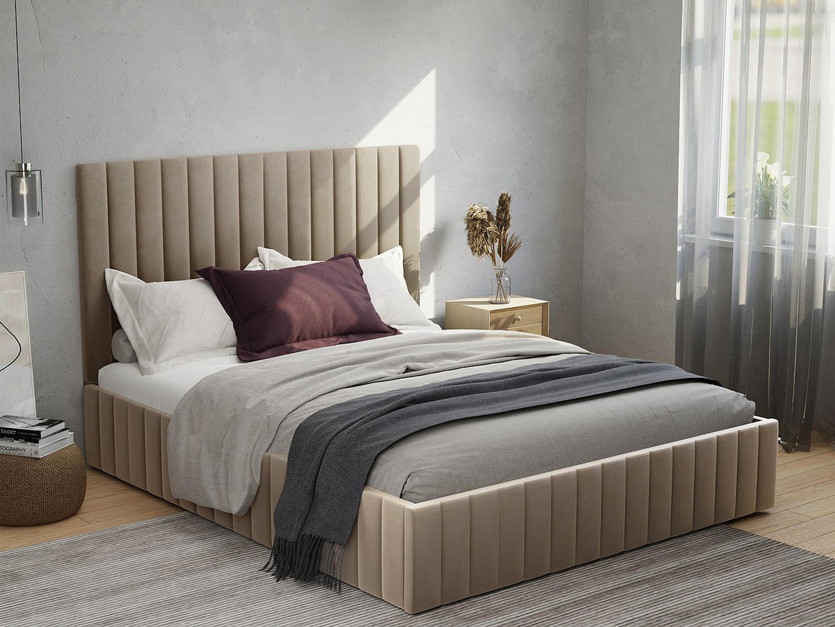 BETT mit Bettkasten - 2 Personen - Samt, Stoff - Taupe - Taupe, Textil (160/200cm) - Vente-Unique