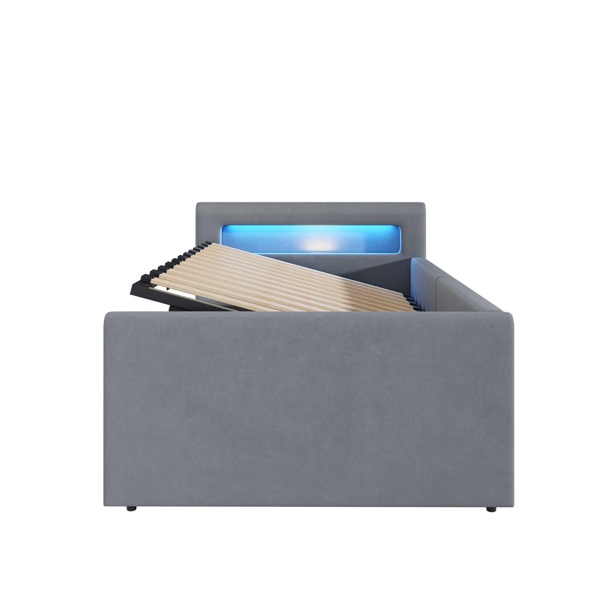 KINDEREINZELBETTEN aus Samtstoff 90 x 200 cm in Hellgrau mit LED, USB & Stauraum - Hellgrau, Textil (90/200cm) - Modfu