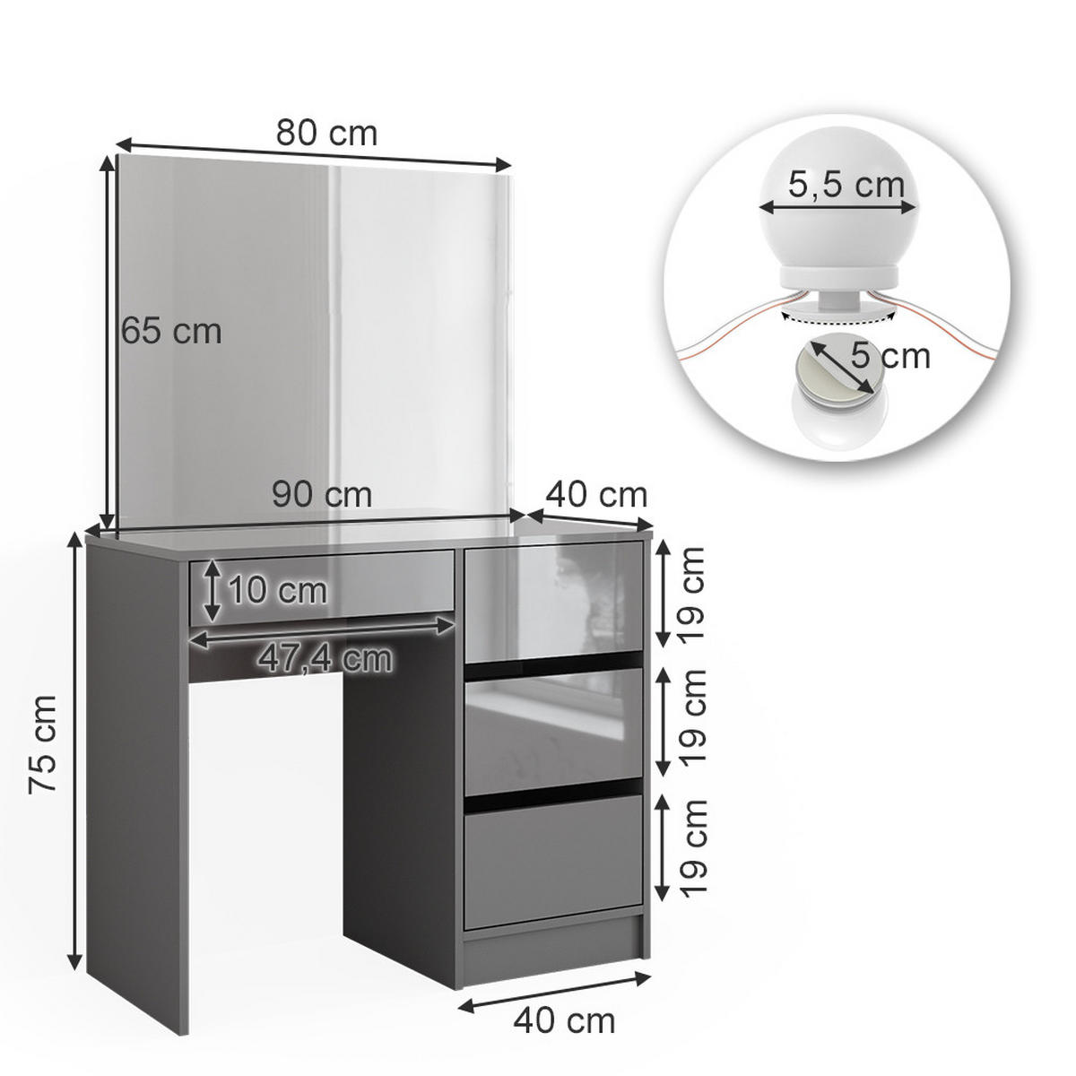 SCHMINKTISCH Sherry Grau 90 cm mit LED Beleuchtung und Hocker - Grau, Holzwerkstoff (90/75/40cm) - Vicco