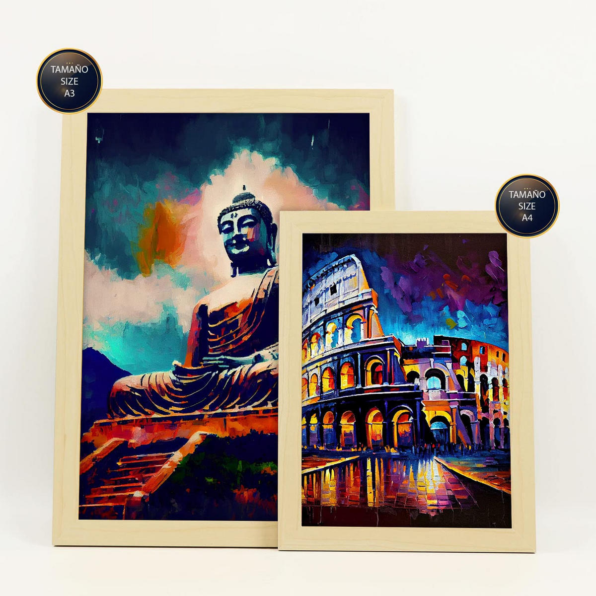 POSTER Set Mit 6 Feuchte Im Ölgemälde Stil A3 & A4 Rahmen Aus Hellem Holz - Beige, Papier (29/3cm) - Nacnic