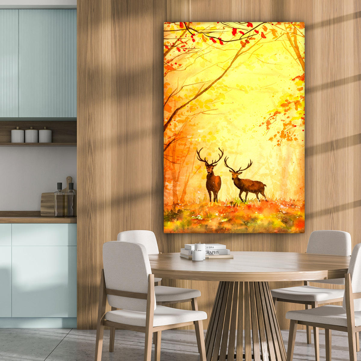 LEINWANDBILD Natur - Ölfarbe - Hirsche - Tiere - Herbst - Orange 80x120 cm - Orange, Textil (80/120cm) - MuchoWow