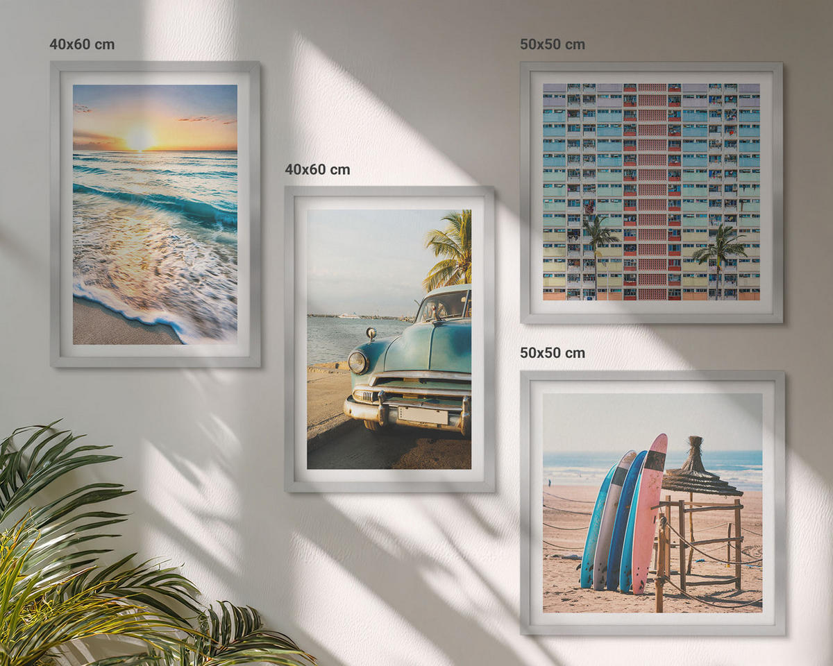 BILDER SET 4er Set - 50x50 cm & 40x60 cm Silberner Rahmen - Sonnenuntergang in Miami - Silberfarben, Kunststoff (50/50cm) - TULUP