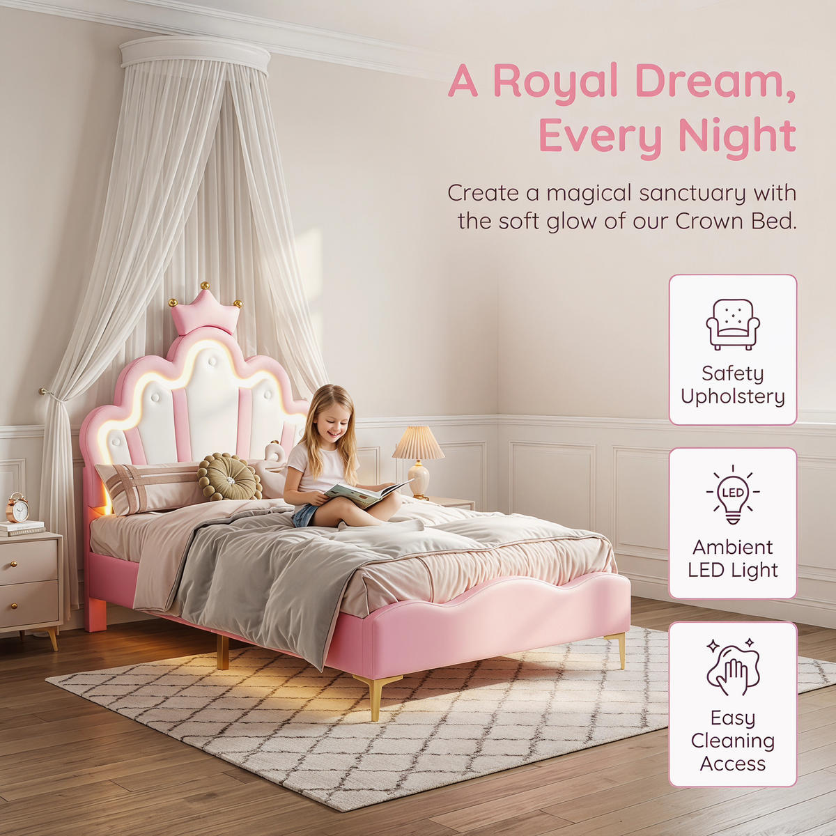 KINDERBETT 90 x 200 cm mit LED-Beleuchtung und höhenverstellbarem Kopfteil - Goldfarben/Rosa, Leder/Holz (90/200cm) - PARAFTA HOME