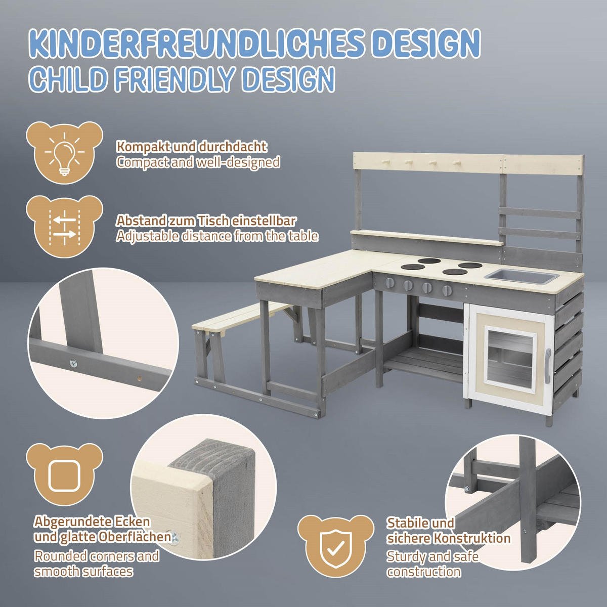 KINDERKÜCHE aus Tannenholz 71,5 x 151 x 98,5 cm Lila-Beige - Beige, Holz (71.5/151/98.5cm) - Joyz