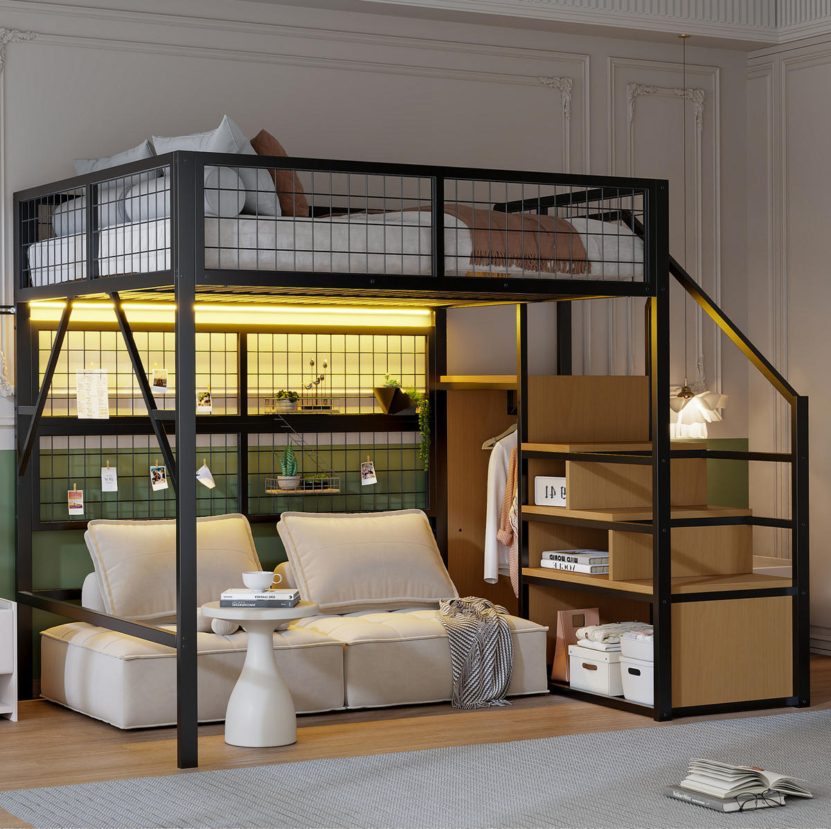 HOCHBETT 140/200 cm Schwarz mit LED-Beleuchtung und Treppe mit Stauraum - Schwarz, Metall (140/200cm) - Flora Grace