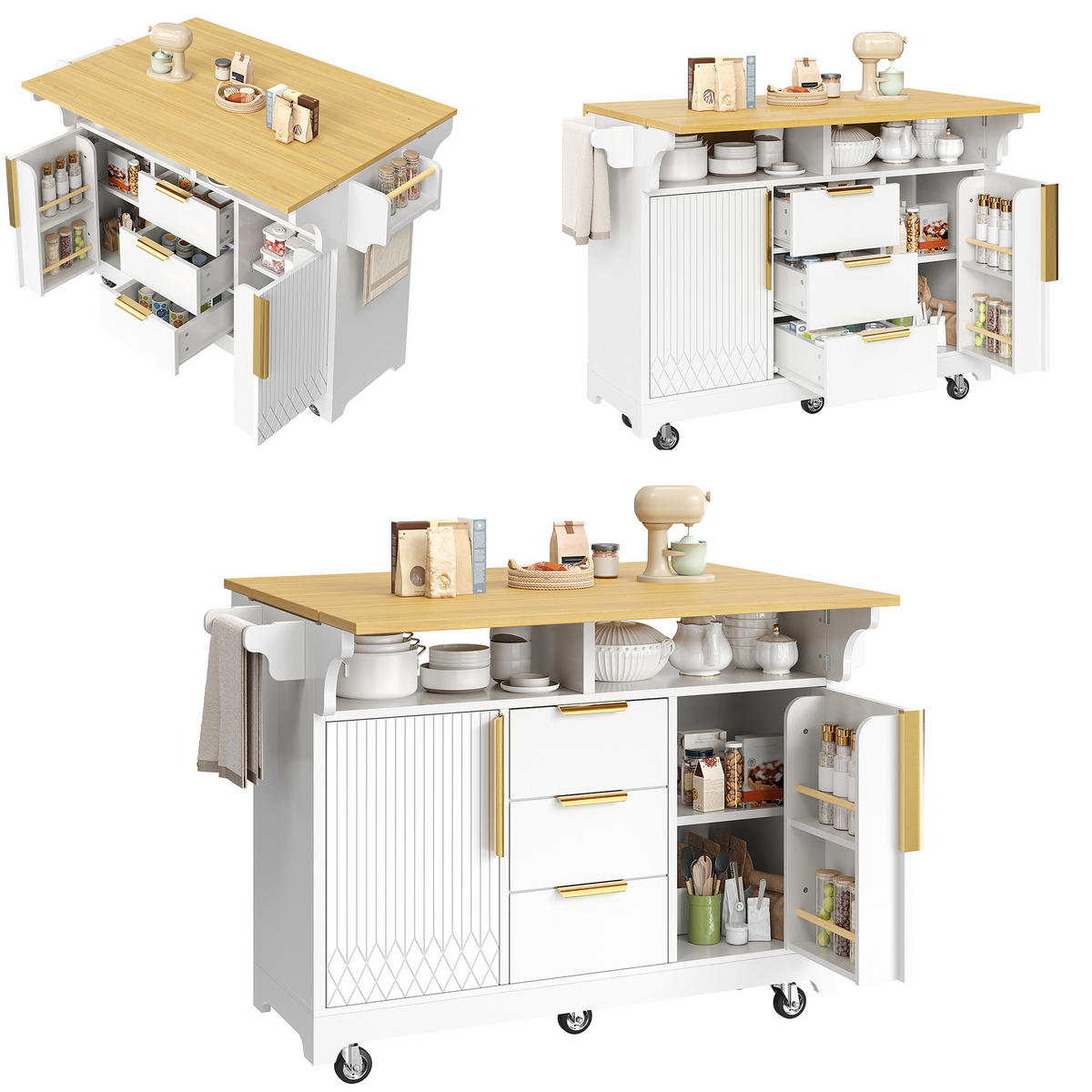 KÜCHENINSEL DE-38364 120/197 cm ausklappbar mit 3 Schubladen Weiß - Weiß, Holzwerkstoff (120/95/40cm) - ComfortXL