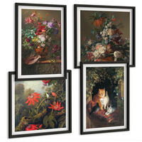 BILDER SET 4er Set - 50x50 cm & 40x60 cm Schwarzer Rahmen - Vintage-Blumen, Katzen, Pflanzen - Schwarz, Kunststoff (50/50cm) - TULUP