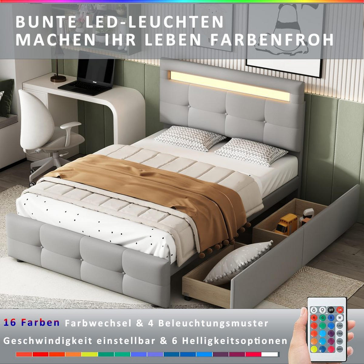 BETT 90x200 GRAU, LED, 2 SCHUBLADEN, LEINEN - Grau, Holzwerkstoff (90/200cm)