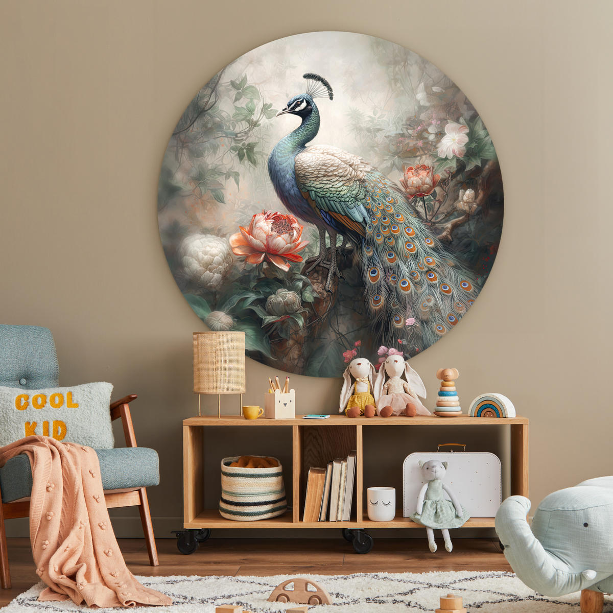 WANDBILD Pfau - Pfauenfedern - Vogel - Dschungel - Blumen 150x150 cm - Smaragdgrün, Kunststoff (150/150cm) - MuchoWow