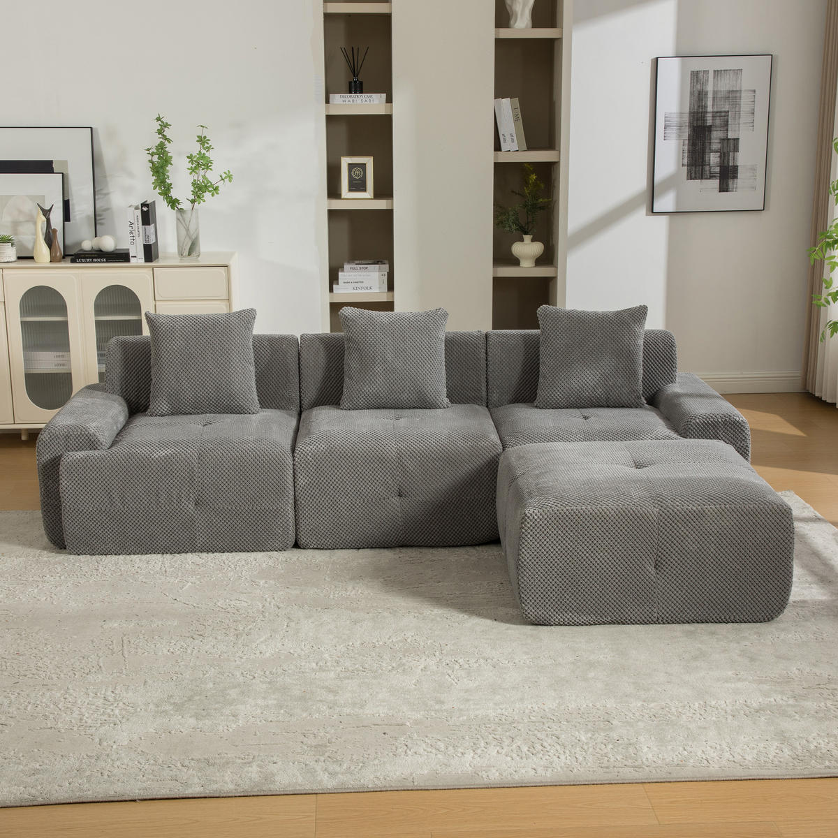 ECKSOFA Chenille Grau mit Kissen - Grau, Textil (266/176cm) - WISHDOR
