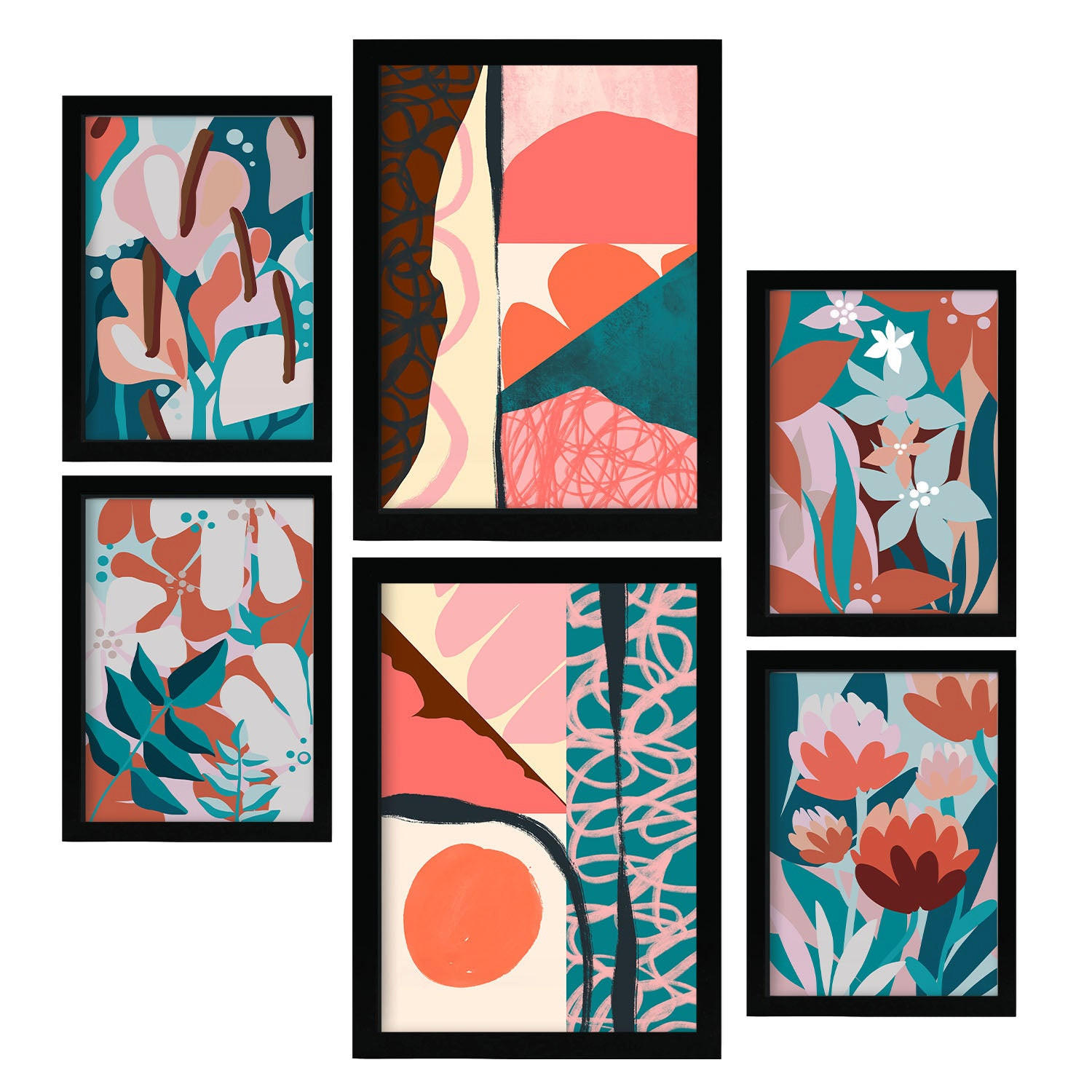 POSTER Set Mit 6 Prominente Kunst 2 In Blume Zusammenfassung A3 & A4 Schwarzer Rahmen - Schwarz, Papier (29/3cm) - Nacnic