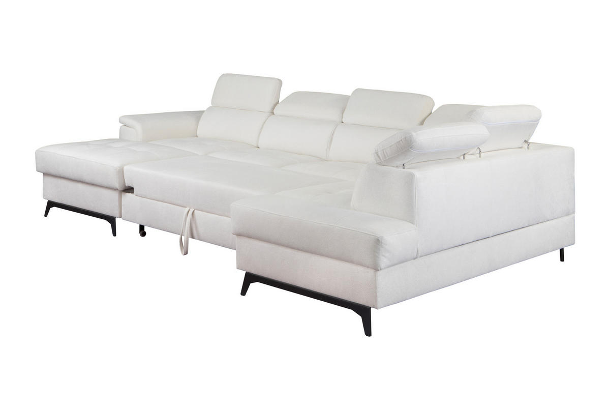 WOHNLANDSCHAFT VOLA Weiß Velours-Stoff mit Schlaffunktion - Weiß, Holz (348/105/199cm) - MASSENO