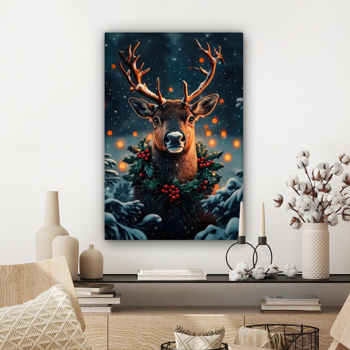 LEINWANDBILD Hirsch - Weihnachten - Winter - Schnee - Weihnachtskranz Wanddeko 40x60 cm - Dunkelbraun, Textil (40/60cm) - MuchoWow