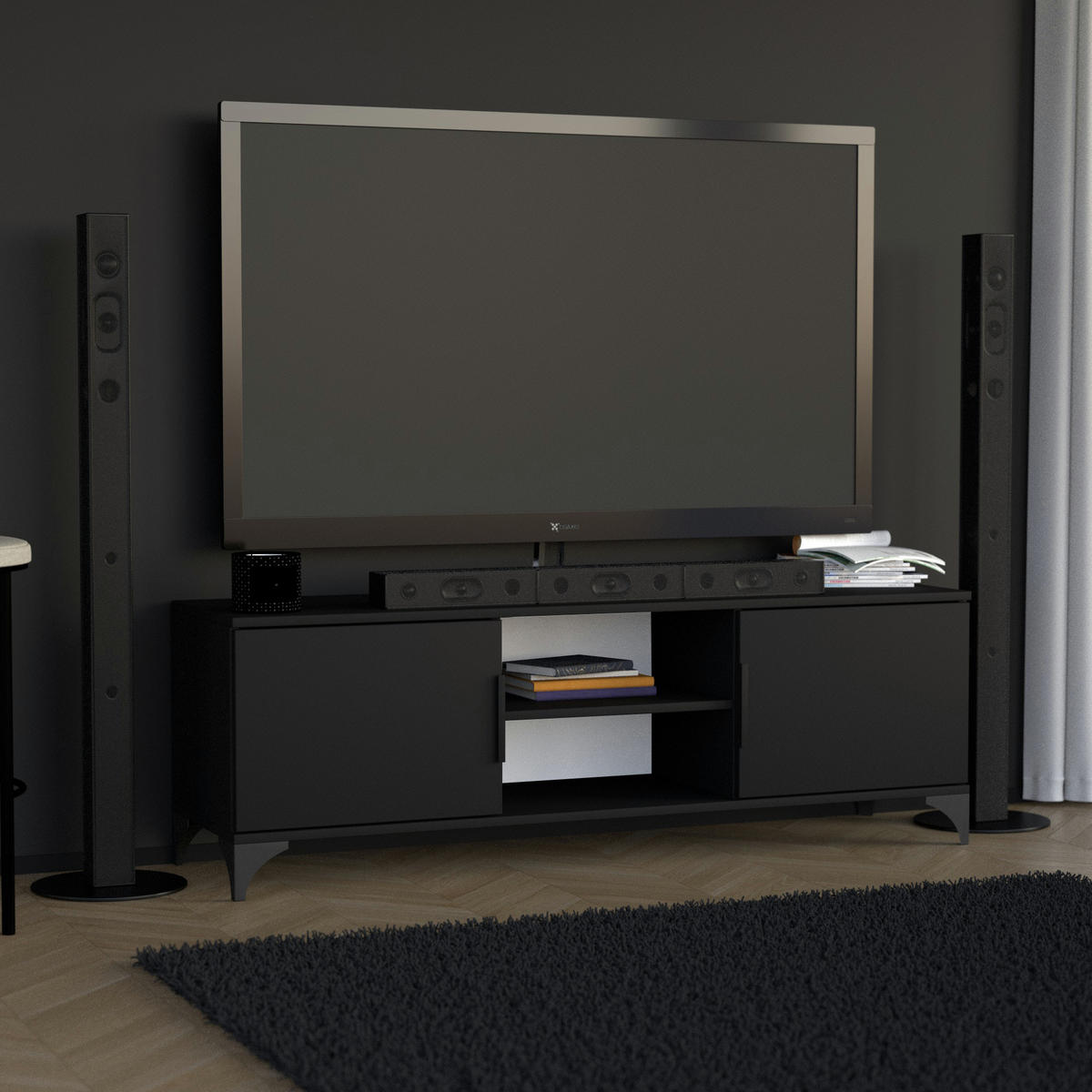 LOWBOARD Home mit 2 Türen, mit Griffen, Schwarz - Schwarz, Holzwerkstoff (150/50/40cm) - Beautysofa