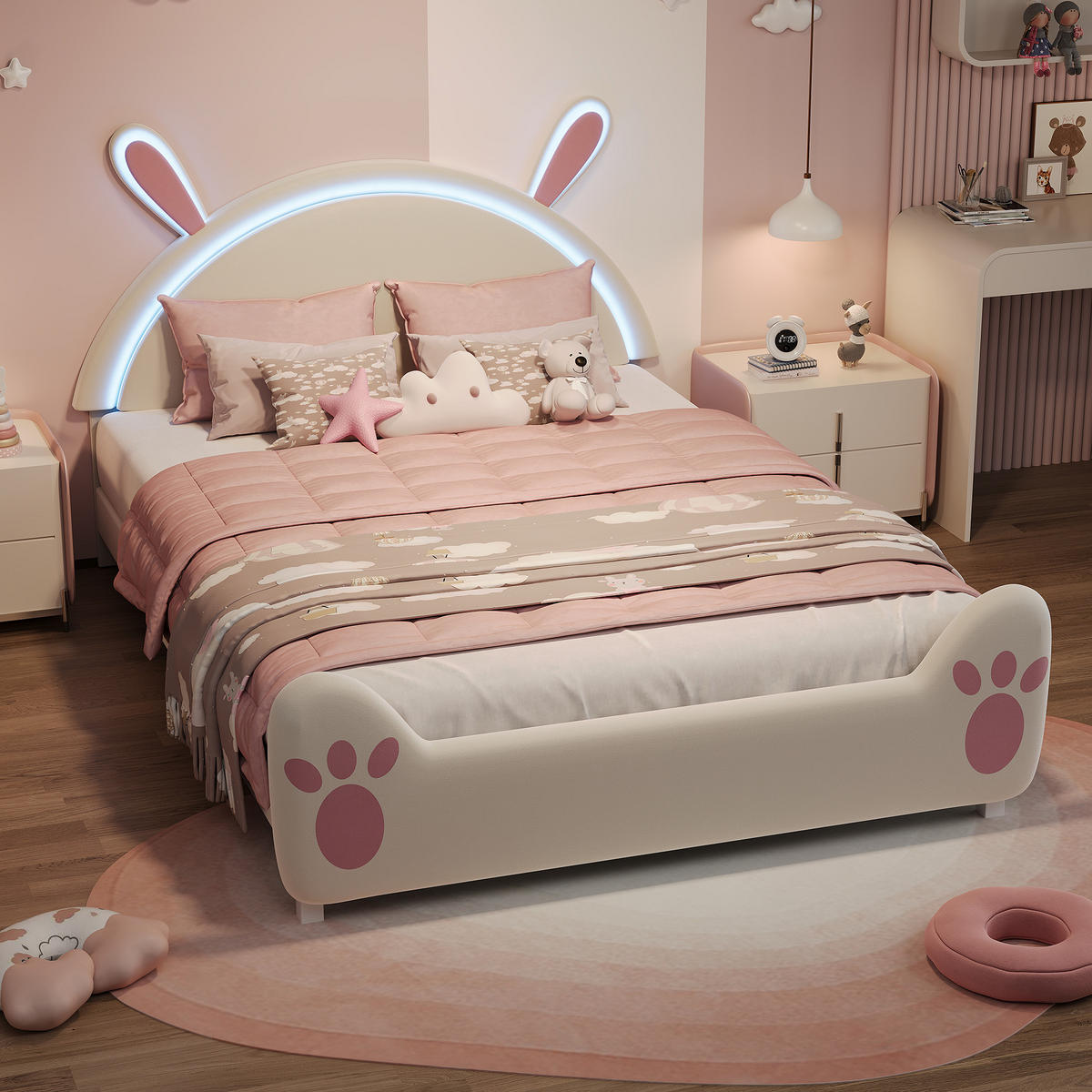 KINDERBETT 140x200 cm Rosa, Polsterbett mit LED, Jugendbett - Rosa, Metall (140/200cm) - PARAFTA HOME