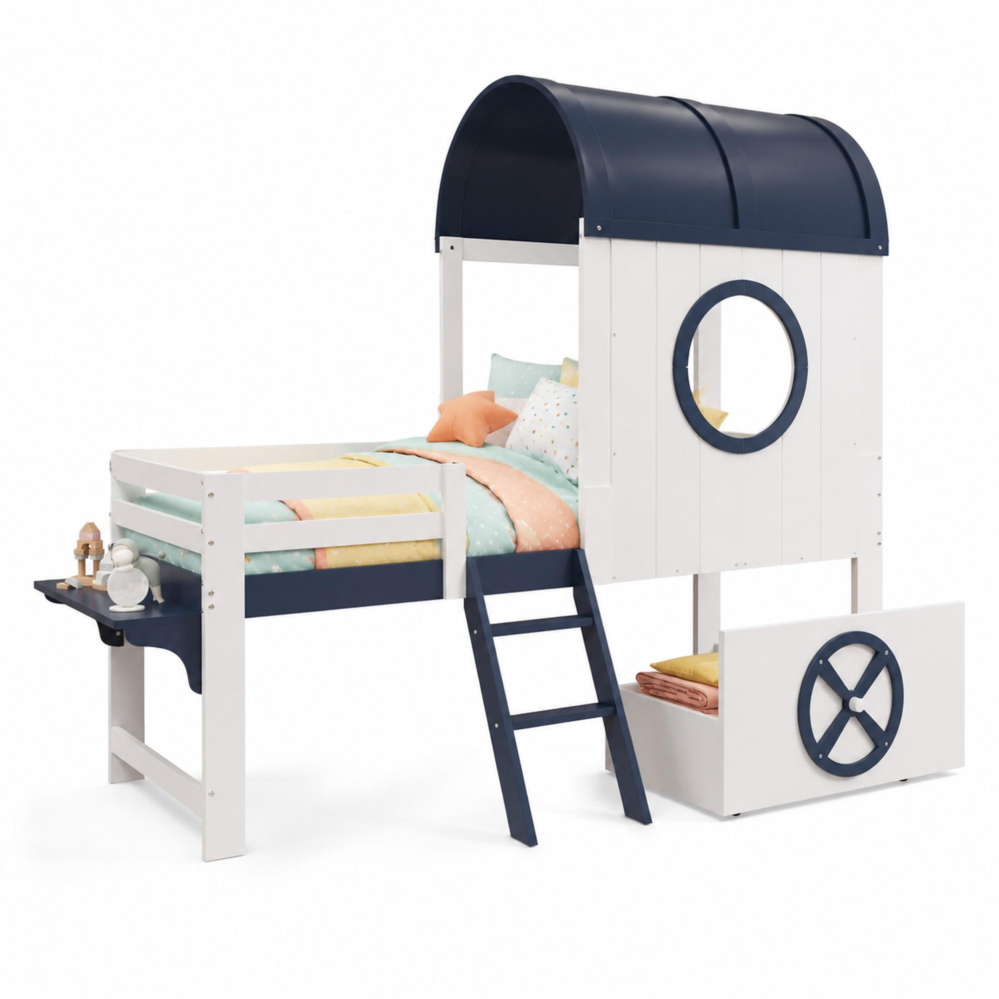 HAUSBETT 90/200 mit Dach, Schublade und Schrägleiter in Weiß und Dunkelblau - Blau/Weiß, Holzwerkstoff (90/200cm) - EVRYAE