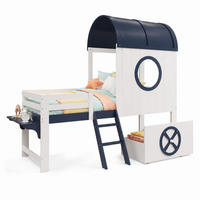 HAUSBETT 90/200 mit Dach, Schublade und Schrägleiter in Weiß und Dunkelblau - Blau/Weiß, Holzwerkstoff (90/200cm) - EVRYAE