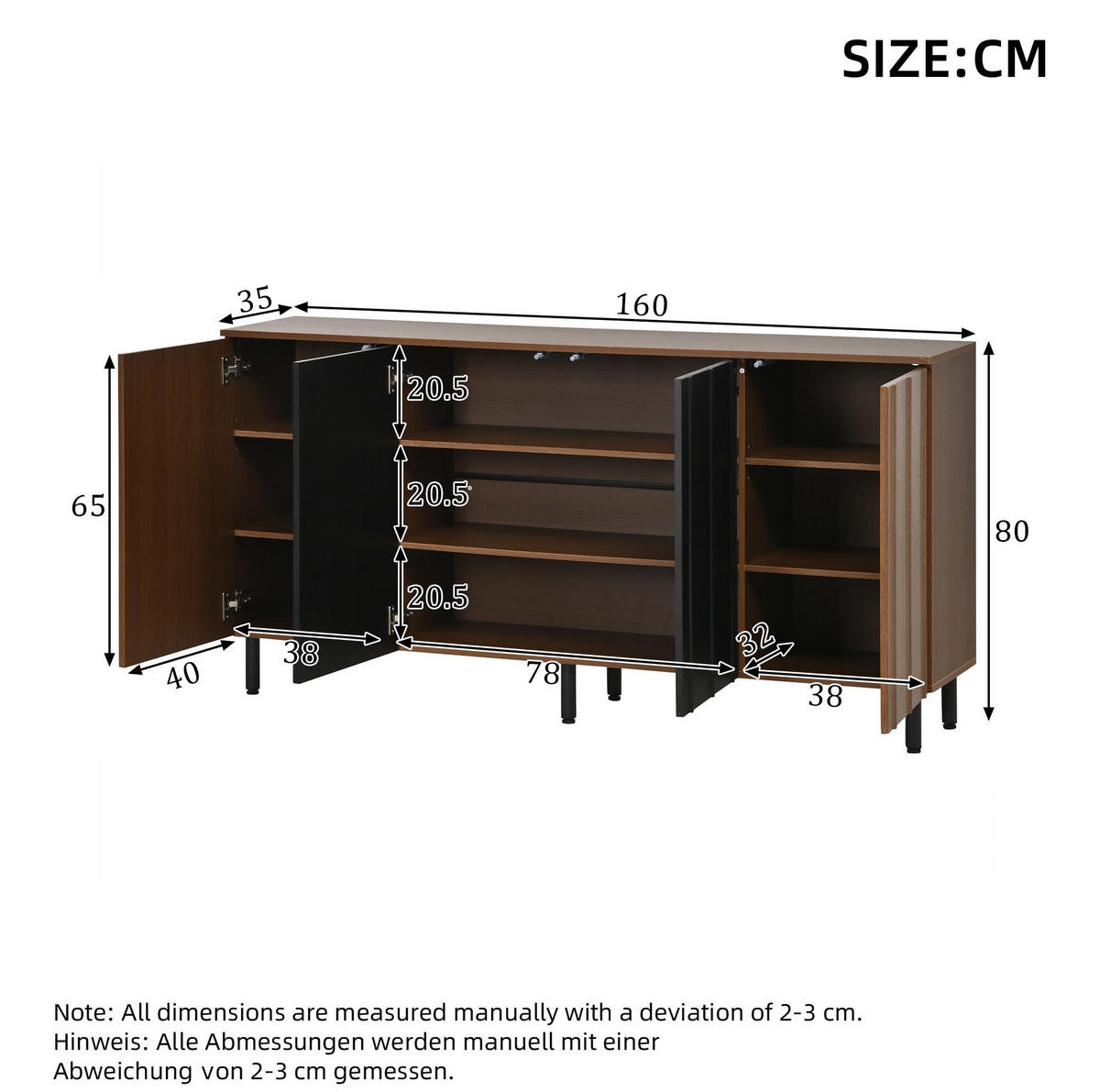 SIDEBOARD 160/35/80 cm walnussfarben/schwarz aus Spanplatte mit 4 Türen - Walnussfarben, Holzwerkstoff (160/80/35cm) - OKWISH
