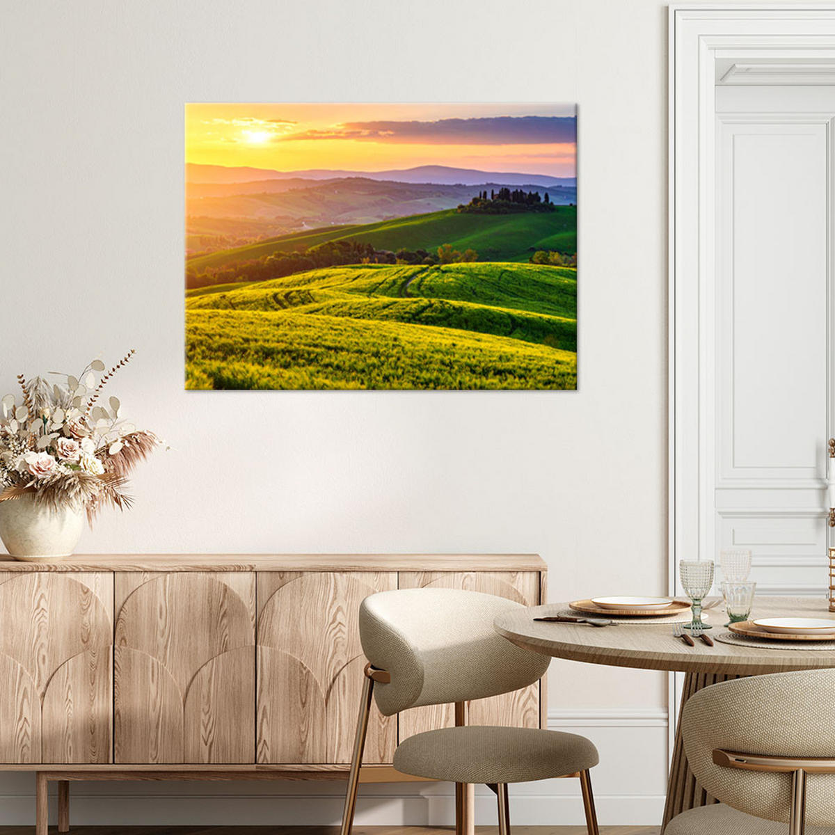 LEINWANDBILD Landschaft der Toskana Sonnenuntergang 120x80cm - Grün, Textil (120/80cm) - Feeby