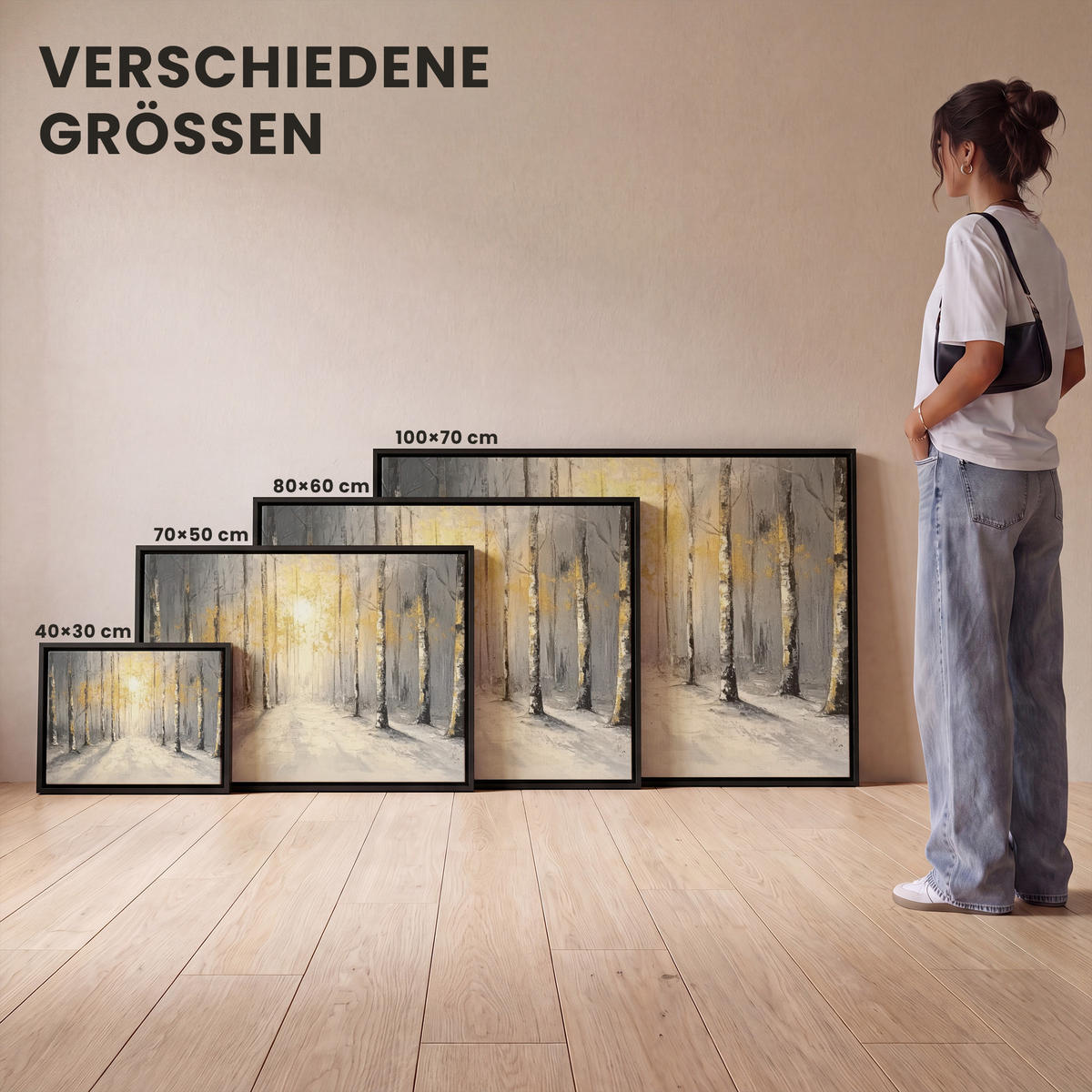 LEINWAND Bilder mit Rahmen - Winter - Abstrakt - Schnee - Natur - Sonne - 100x70 - Grau, Textil (100/70cm) - MuchoWow