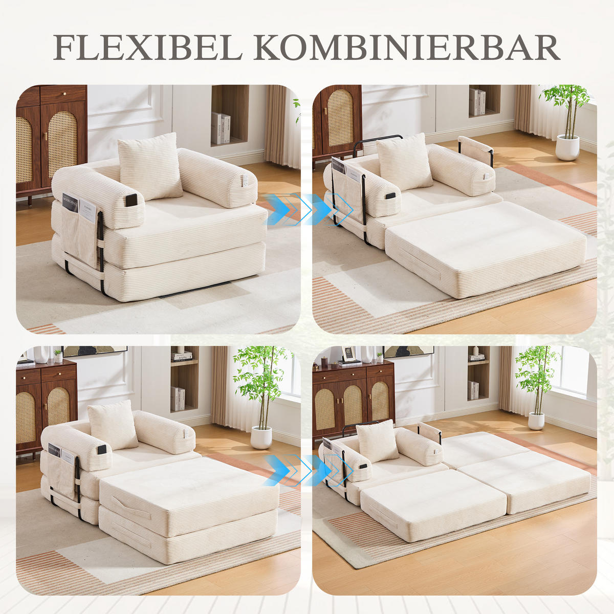 SOFA Cord Beige mit Kissen und Hocker - Beige, Textil/Metall (112/67/190cm) - WISHDOR