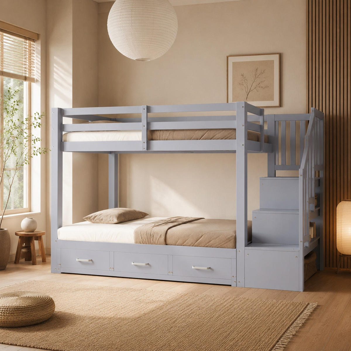 ETAGENBETT 90/200 mit Ausziehbett, Stauraumleiter und Schubladen in Grau - Grau, Holzwerkstoff (90/200cm) - EVRYAE