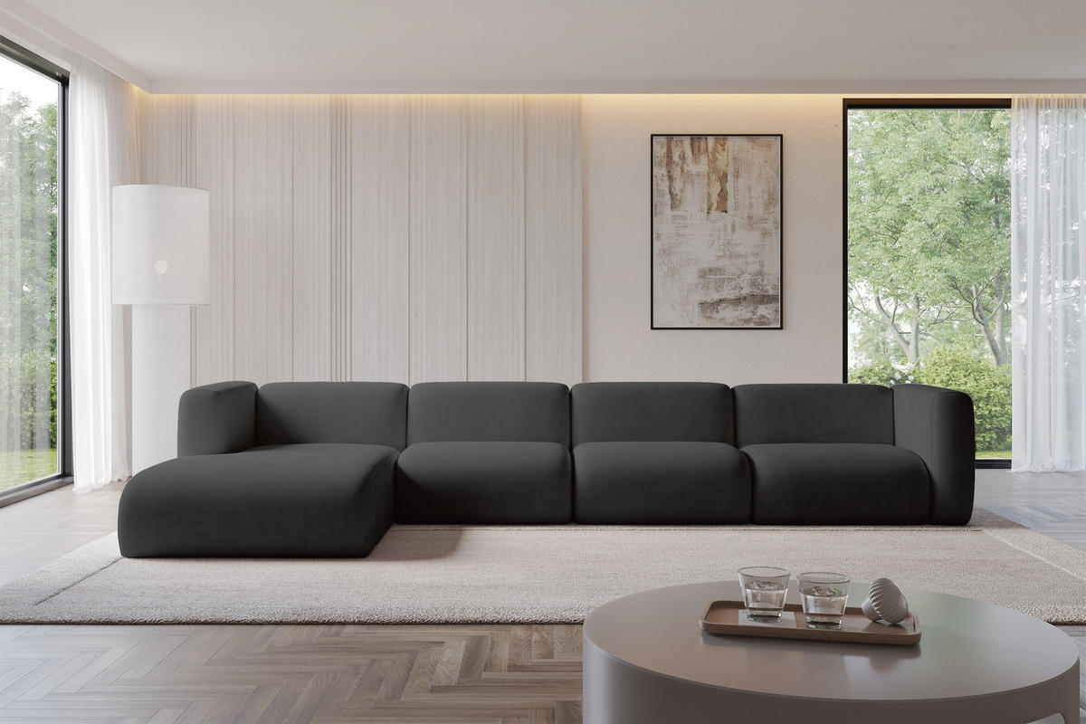ECKSOFA Ottomane Links MIRA-L3 409x179x70 Schwarz Velours - Anthrazit/Schwarz, Holzwerkstoff/Kunststoff (409/179cm) - ALTDECOR
