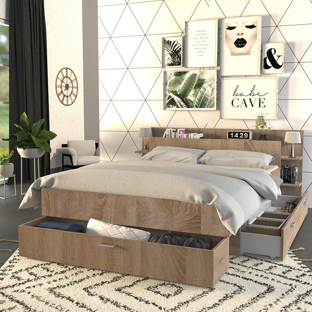 BETT SAMBA mit Schubladen / Bett 140x190 - Eiche gebleicht Dekor - Sonoma Eiche, Holzwerkstoff (140/190cm) - Weber Industries