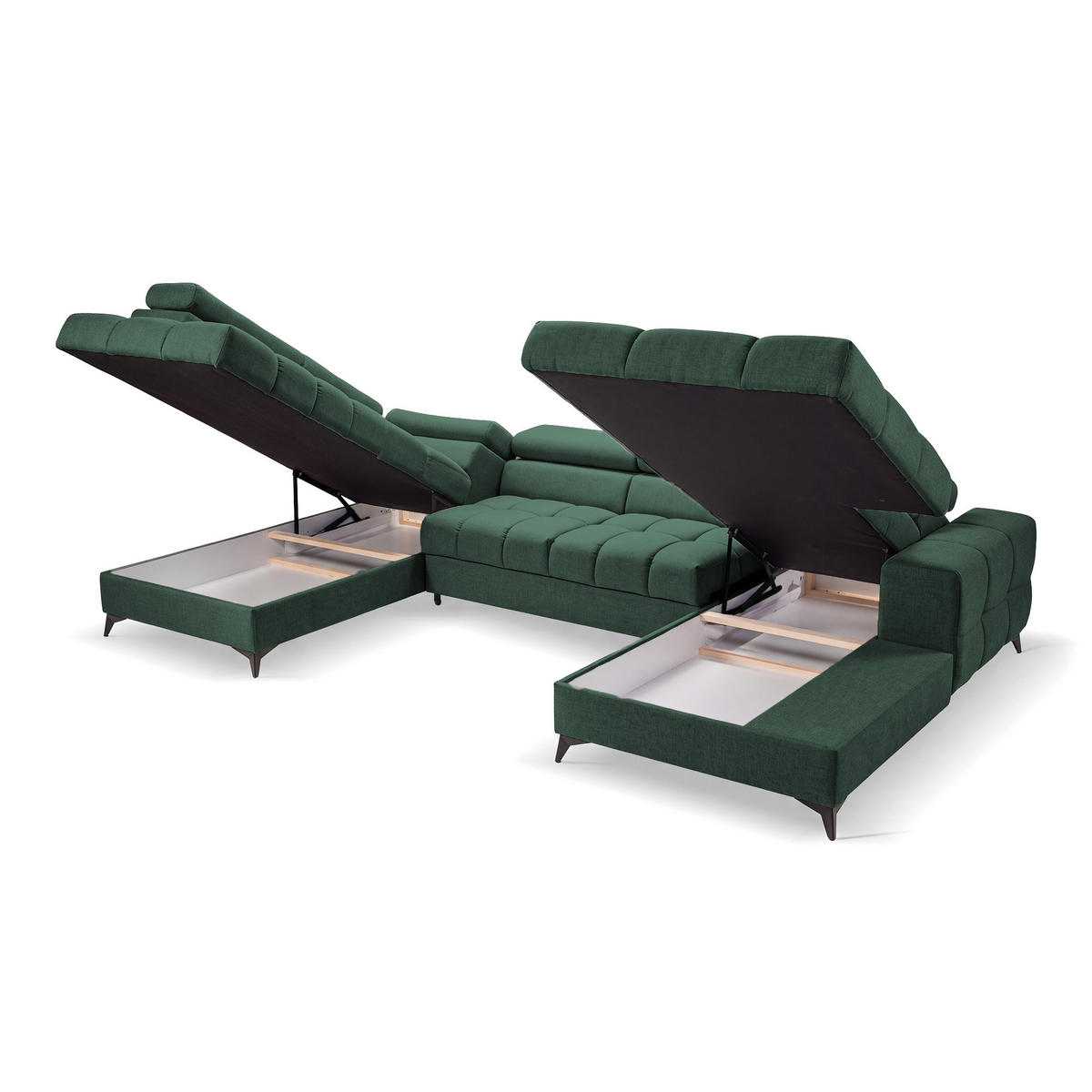 ECKSOFA PUDDING U Rechts mit Schlaffunktion 125x260 Velours Grün - Schwarz/Grün, Holz/Textil (350/203cm) - Muffo