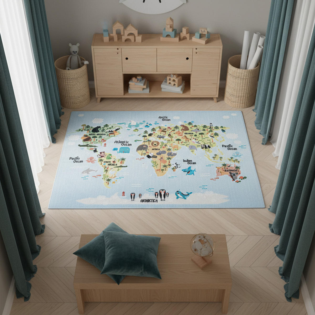 KINDERTEPPICH Weltkarte Pflegeleicht Waschbar Kinderzimmer OEKO-TEX Blau 140x200 cm Flur – TRAUN - Blau, Textil (140/200cm) - KADIMA DESIGN