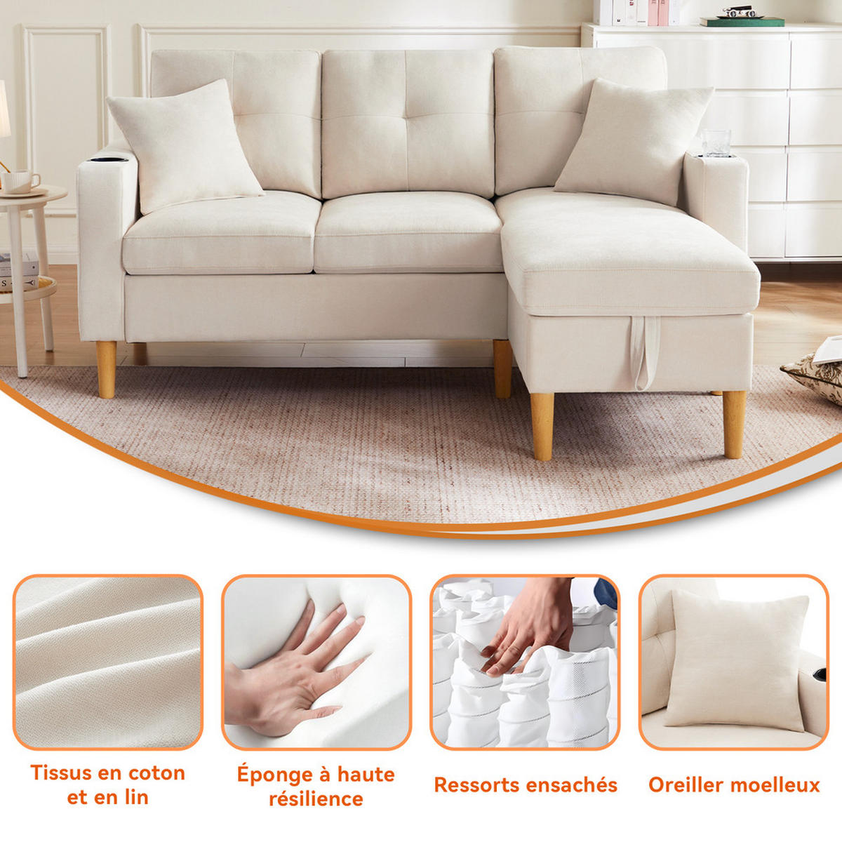 L-SOFA Modell S200 Grau 3-Sitzer mit Stauraum & Chaiselongue - Beige, Holz (129/175cm) - FLIEKS