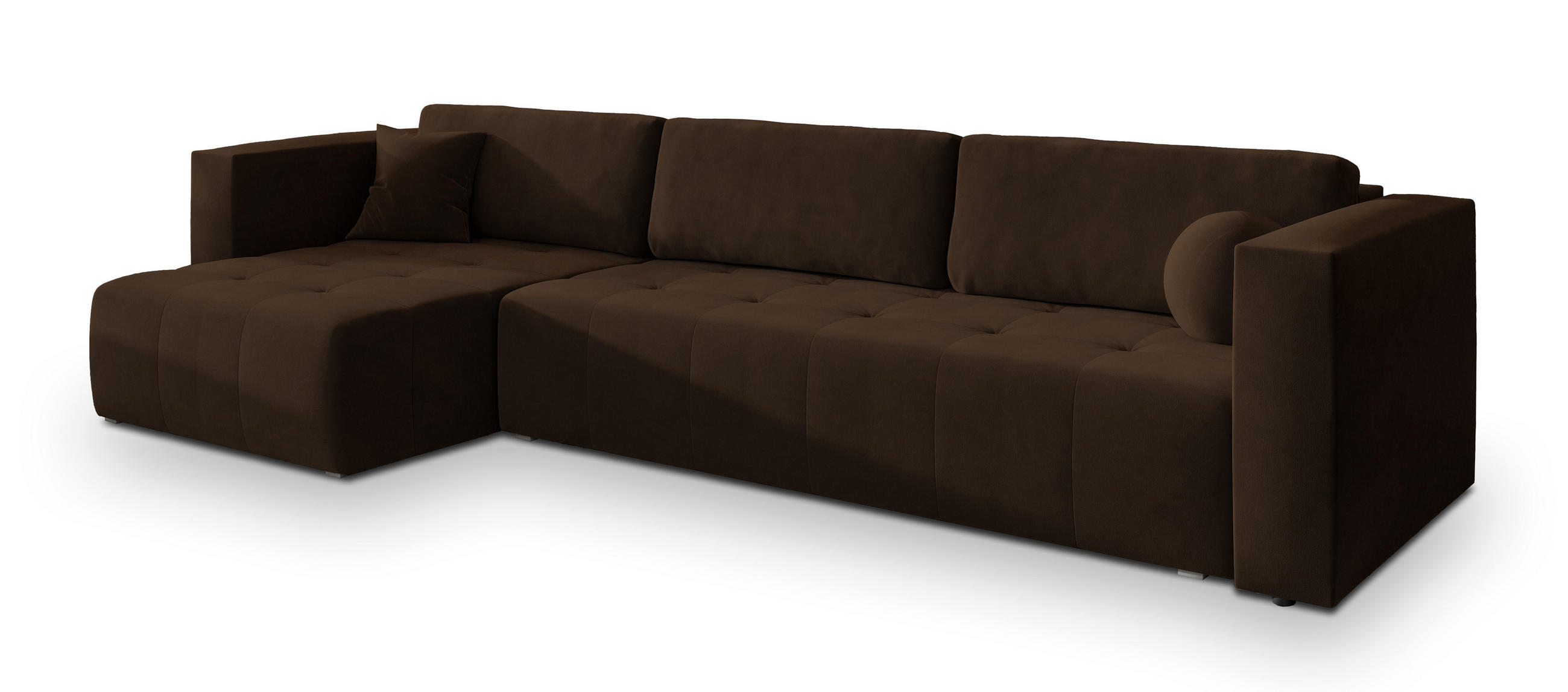 ECKSOFA OLVERA Braun Plüsch-Stoff mit Schlaffunktion - Braun, Holz (347/148cm) - MASSENO
