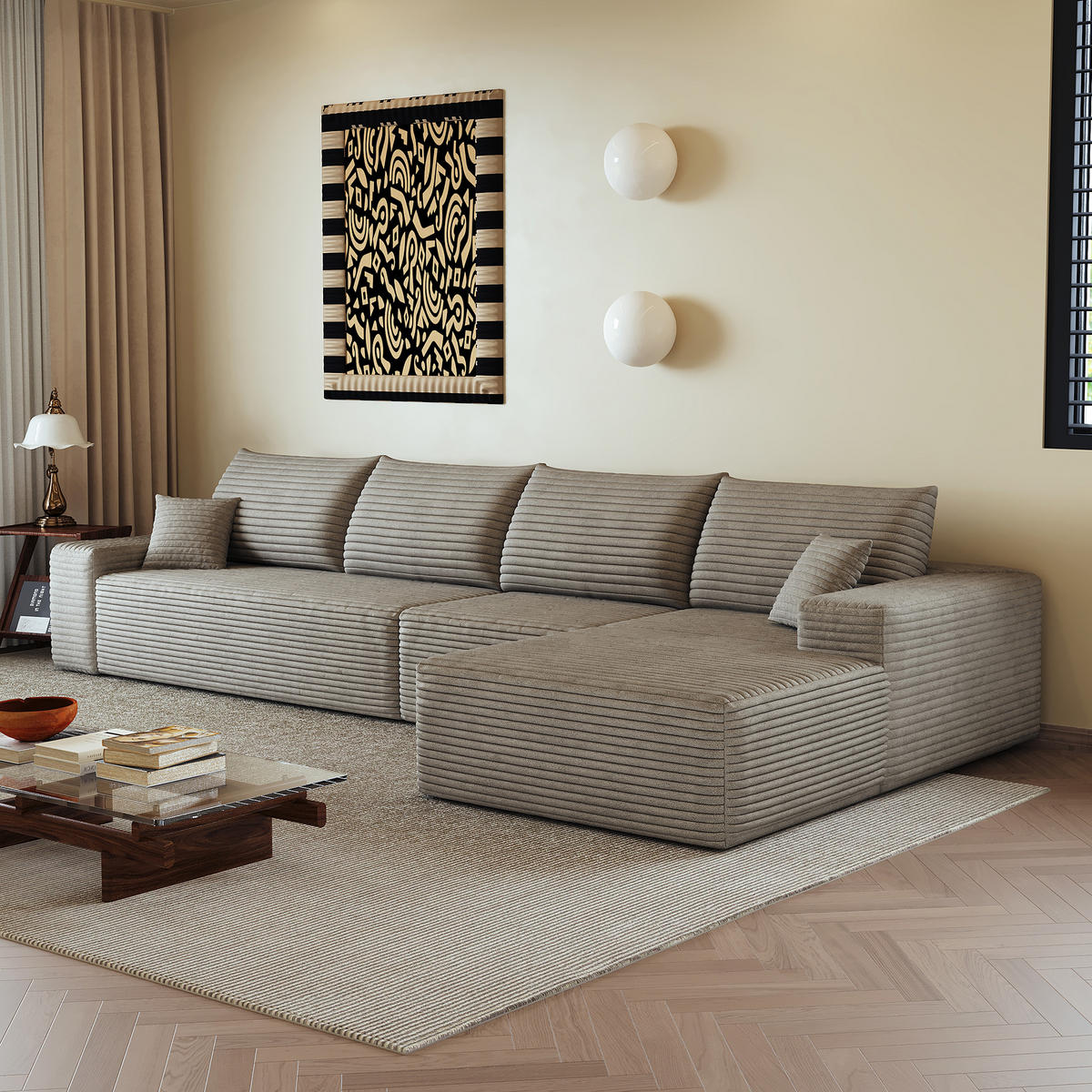 ECKSOFA 340/175/83 cm Kamel mit L-förmiger Chaiselongue, Rechte Seite - Braun/Cappuccino, Textil (340/175cm) - Oxeza
