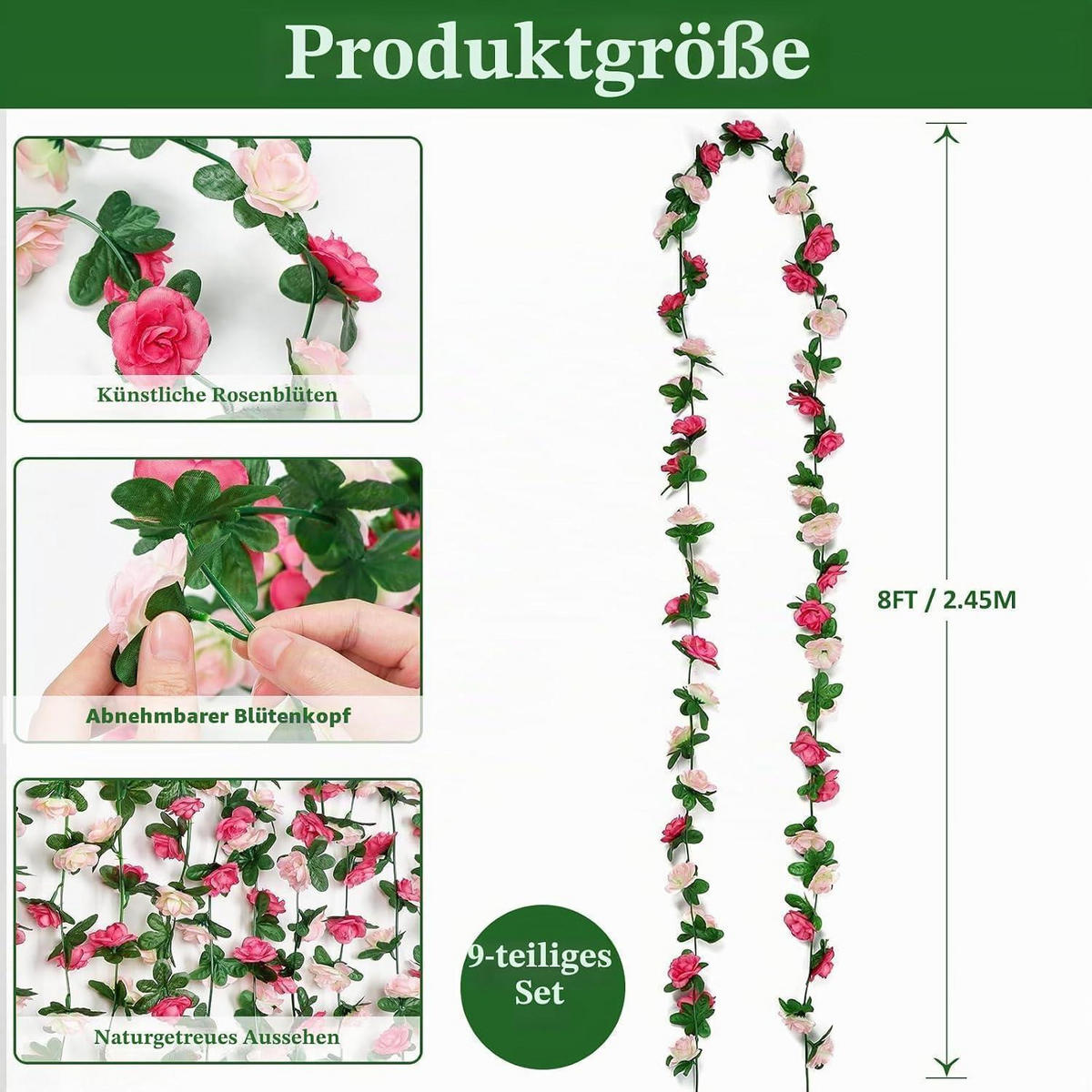 BLUMENGIRLANDE 9-teiliges Set Künstliche Rosen Girlande Rosa 8 Fuß - Rosa, Kunststoff (1cm)