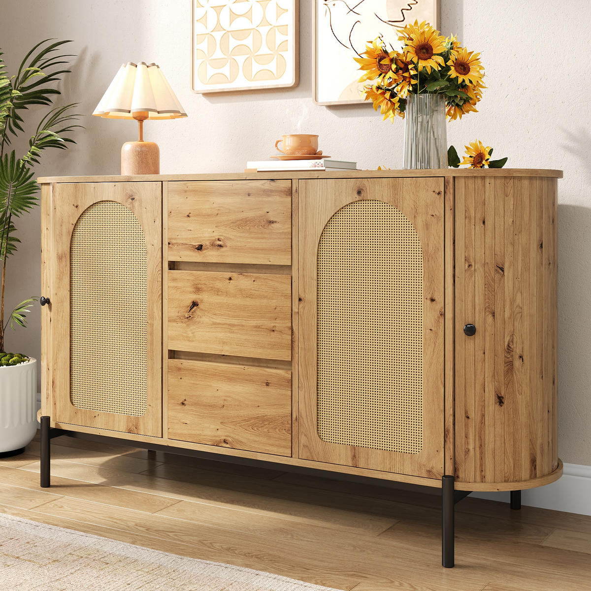 SIDEBOARD oval Rattan Holzoptik - Naturfarben, Holzwerkstoff (140/77.5/38cm)