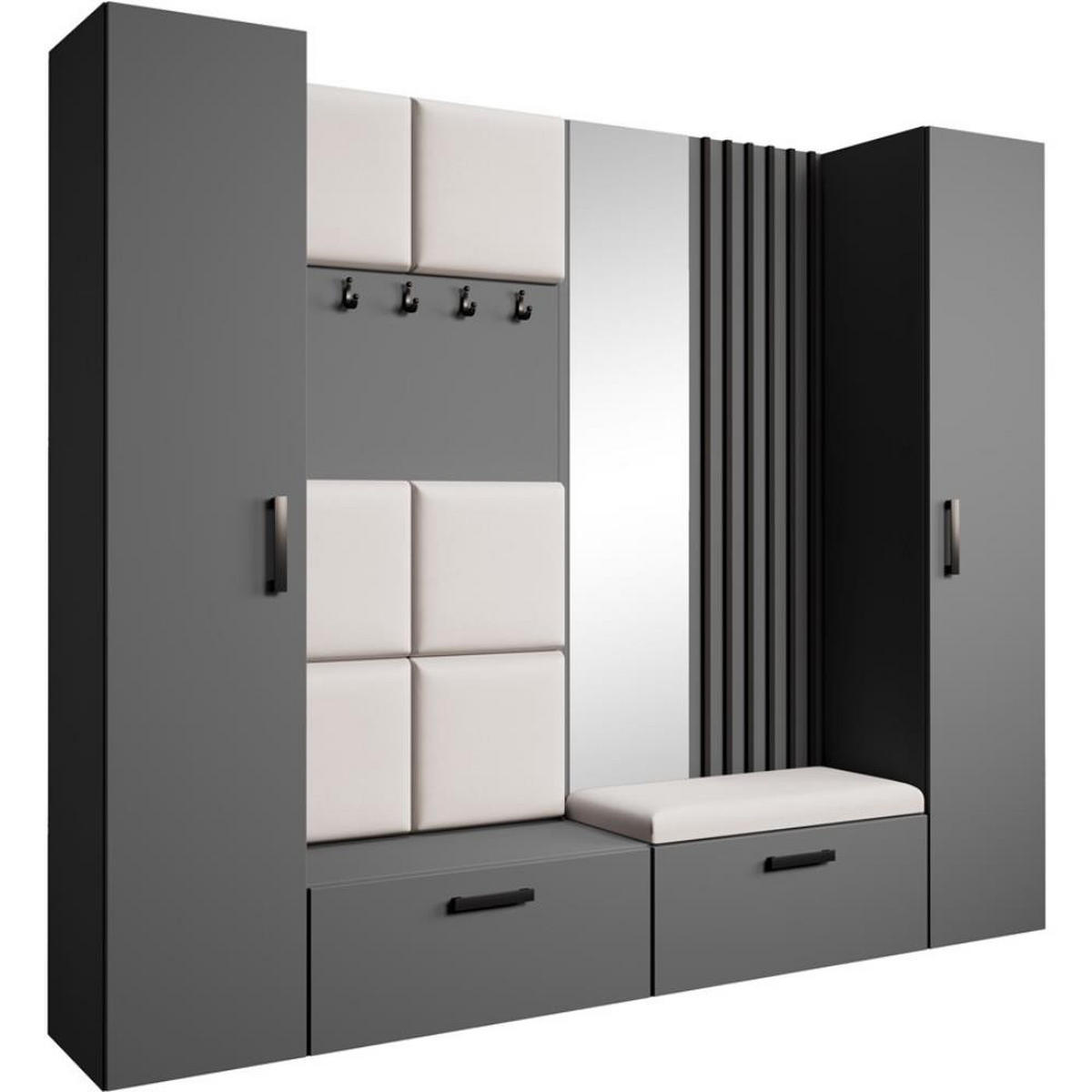 GARDEROBE Margaret XL 242/203/43 mit gepolsterten Paneelen/Lamellen/Spiegel - Beige/Schwarz, Holzwerkstoff/Kunststoff (242/203/43cm) - Beautysofa