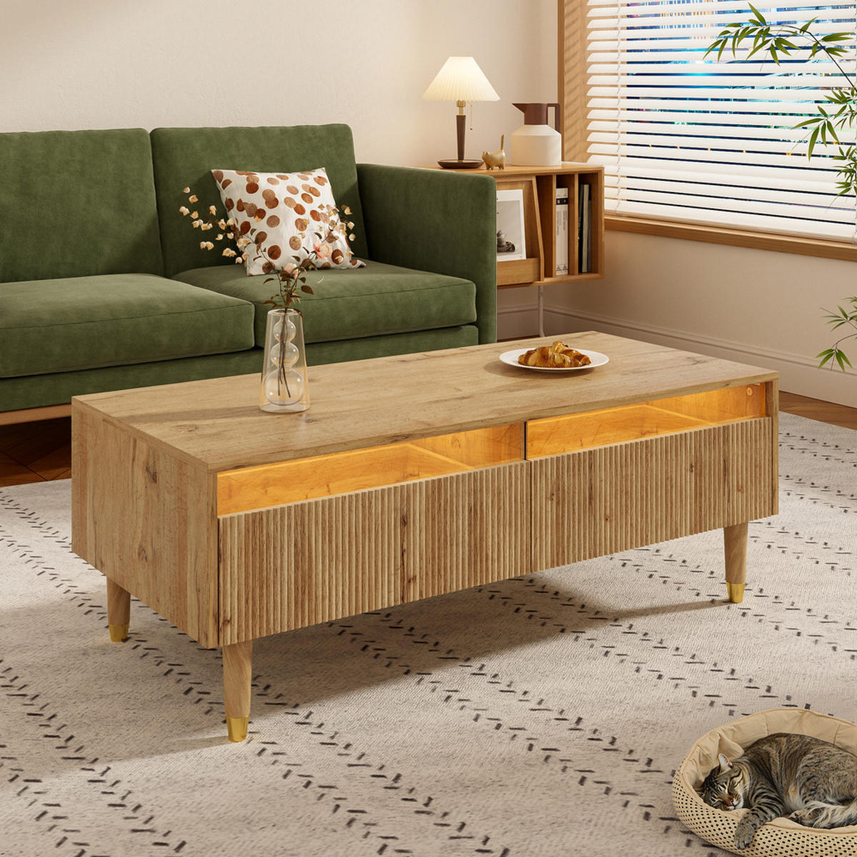 COUCHTISCH LED Farbwechsel Wellenplatte Gold-Holzbeine 2 Schubladen Modern - Braun, Holz (119/57.78/12.7cm) - FLIEKS