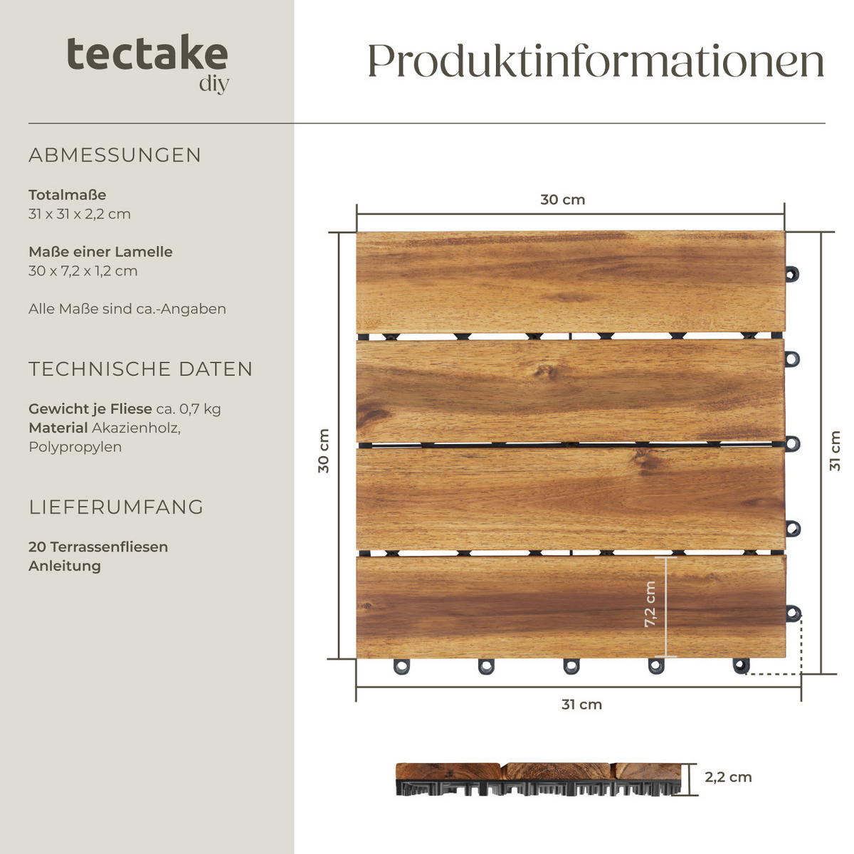 TERRASSENFLIESEN Tabula,31 x 31 x 2,2 cm,braun - Braun, Holz (31/31/2.2cm) - tectake