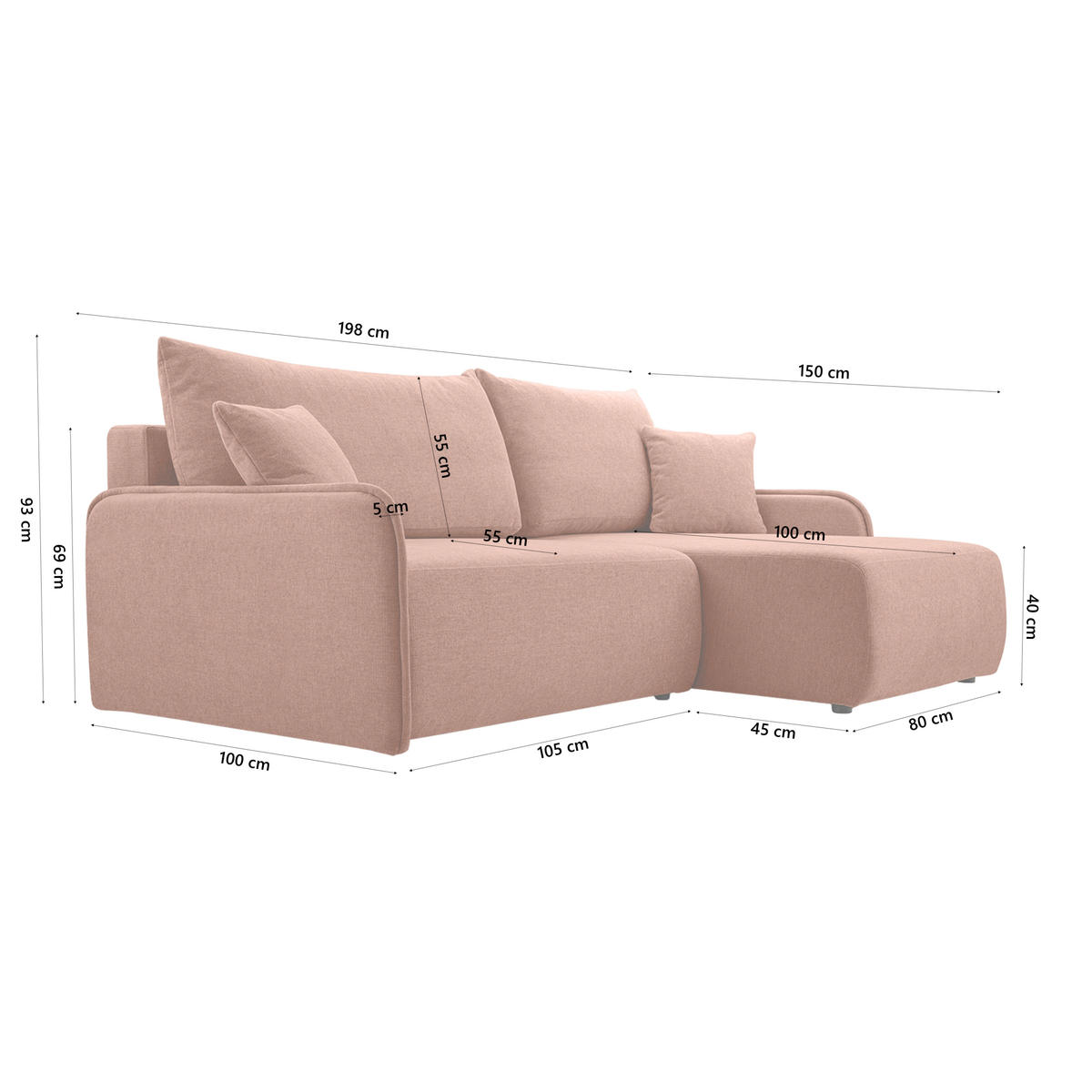 ECKSOFA BLIKO mit Schlaffunktion, Lachs - Terracotta, Textil (198/150cm) - Fedve