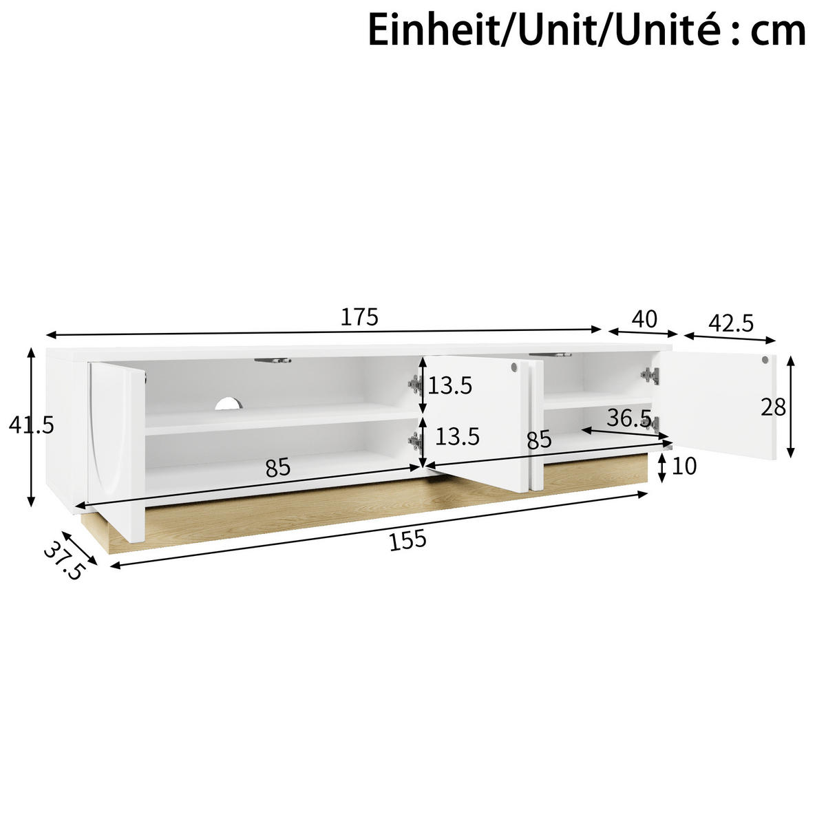 TV-LOWBOARD 175/40/41,5 cm Weiß aus MDF mit Push-to-Open - Weiß, Holzwerkstoff (40/41.5/175cm) - OKWISH