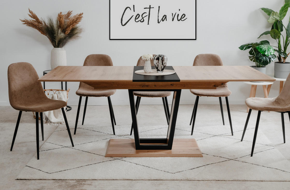 ESSTISCH Eiche Artisan, schwarz, Säulentisch ausziehbar 160 - 200 x 90 cm - Schwarz/Eiche Artisan, Holzwerkstoff/Metall (160/90/76cm) - Furn.Design