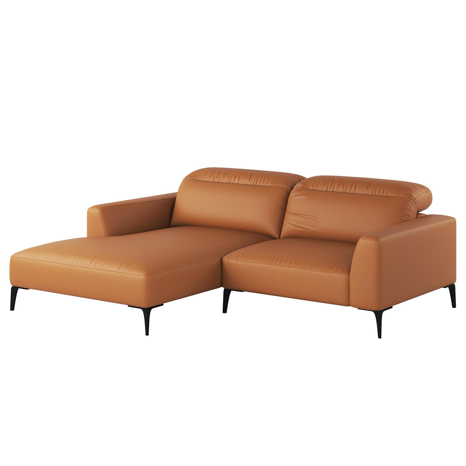 1,5-SITZER ECKSOFA mit Longchair - Cognac/Schwarz, Leder/Metall (232/180cm) - home24